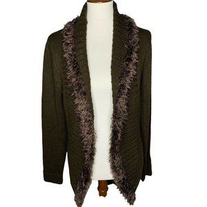 Paris Paris Tunic Open Front Sweater With Faux Fur Trim Size Large Brown